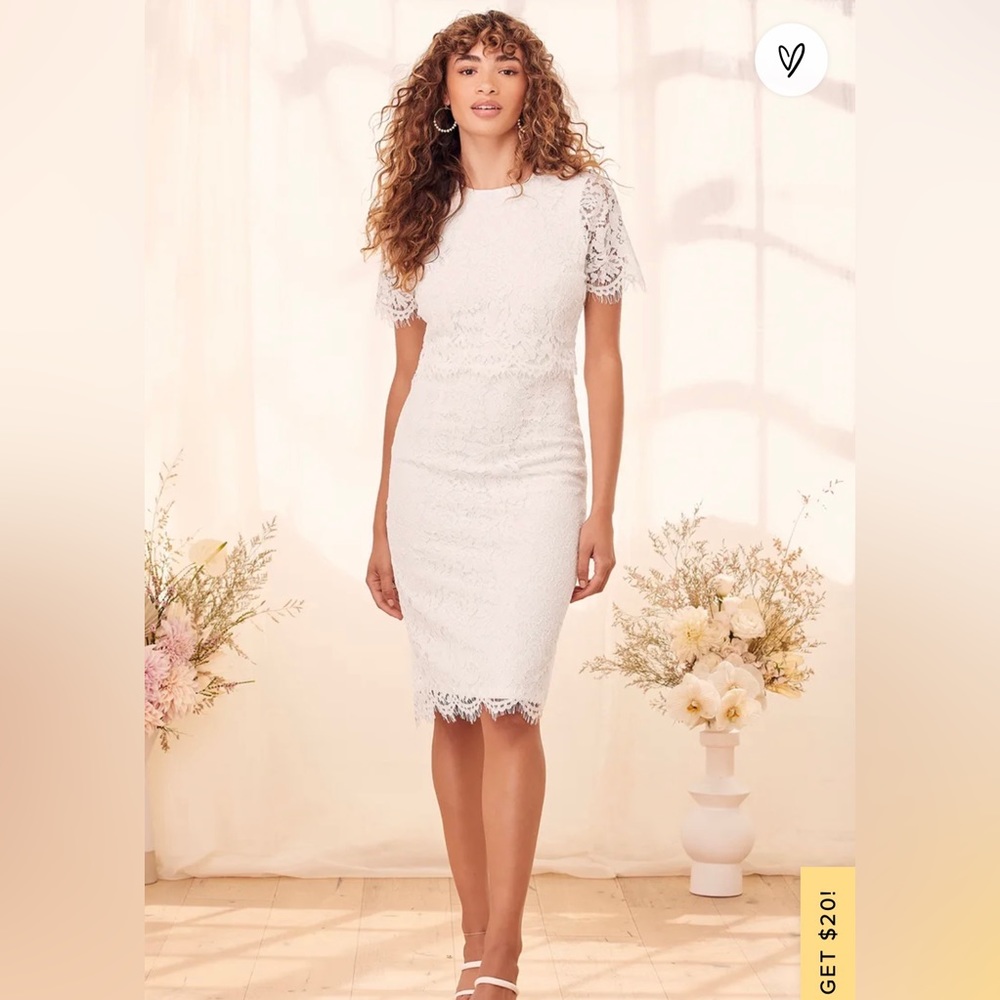 LuLus - Devotion White Lace Short Sleeve Midi Dress